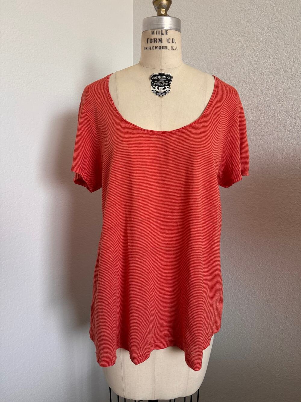 Eileen Fisher | Orange Striped Linen Tee Size Medium Scoop Neck Top